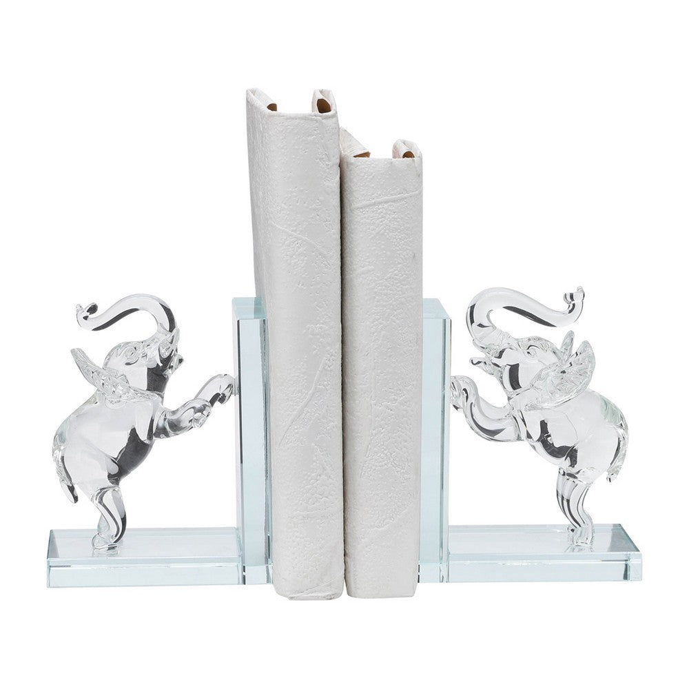 Decorative Accent Elephant Bookend Set of 2 | Frosted Clear Crystal