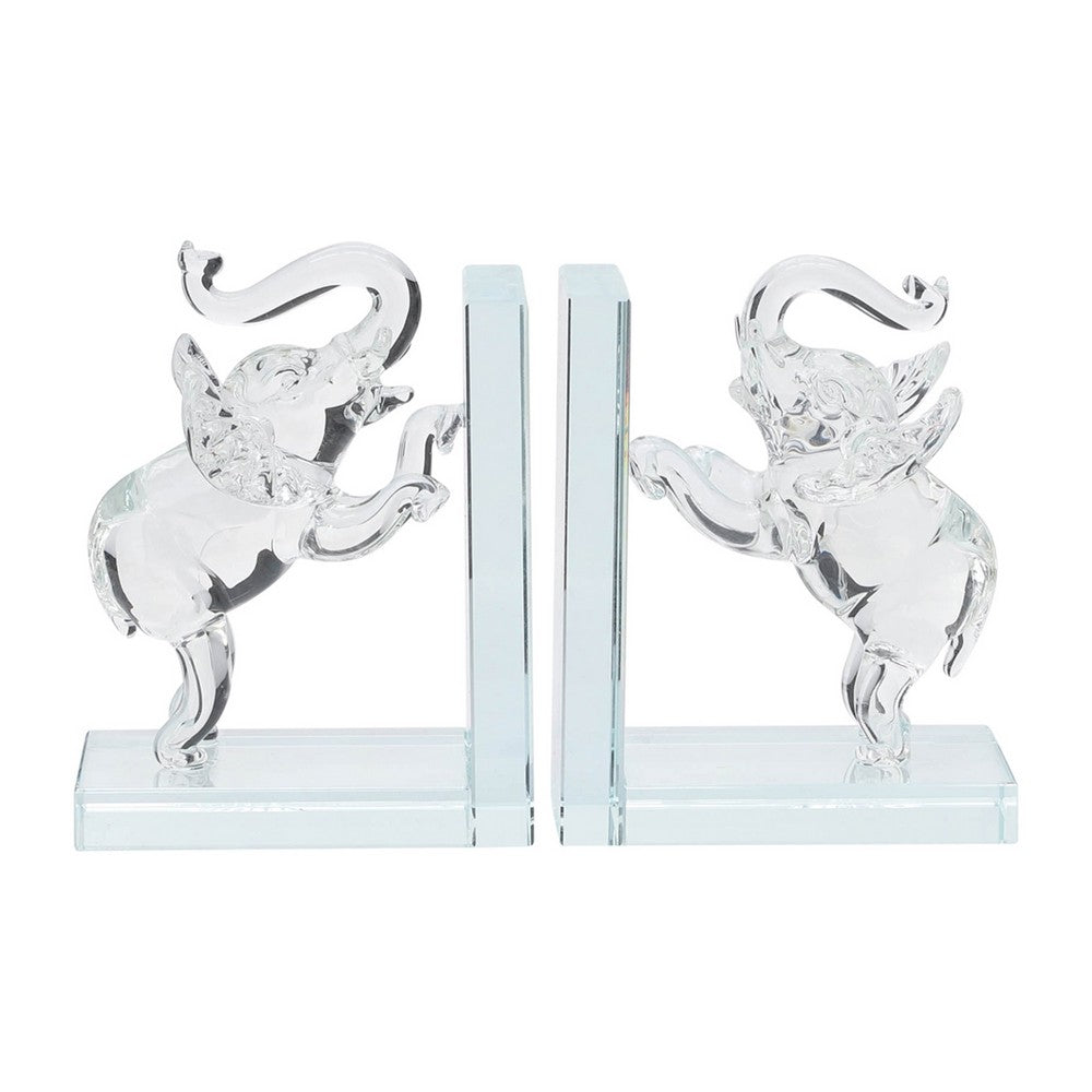 Decorative Accent Elephant Bookend Set of 2 | Frosted Clear Crystal