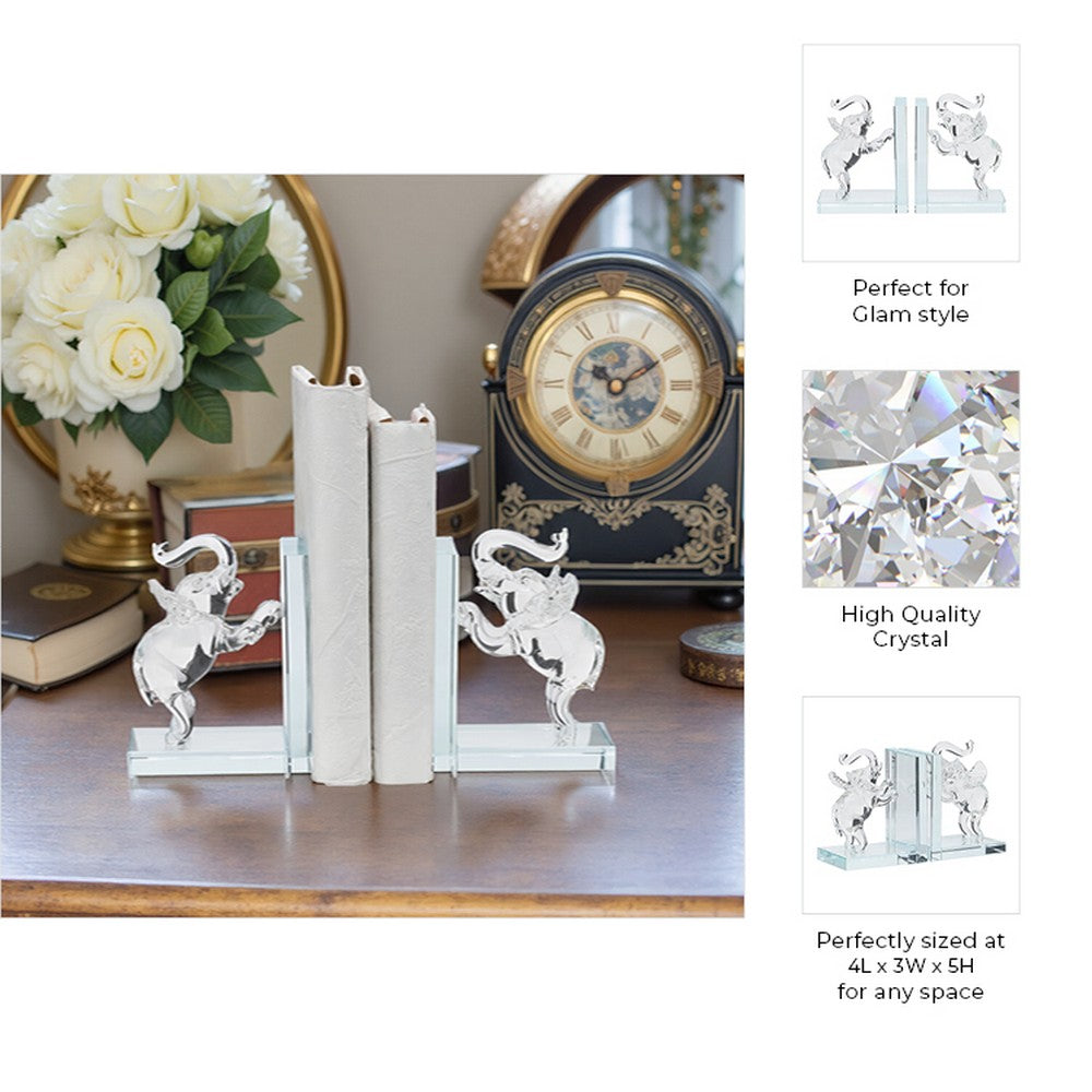 Decorative Accent Elephant Bookend Set of 2 | Frosted Clear Crystal