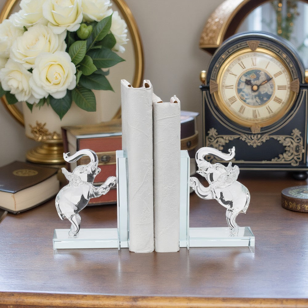 Decorative Accent Elephant Bookend Set of 2 | Frosted Clear Crystal