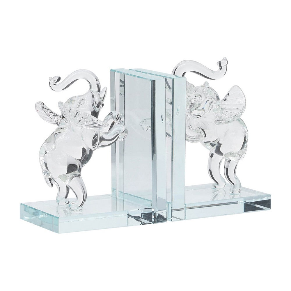 Decorative Accent Elephant Bookend Set of 2 | Frosted Clear Crystal