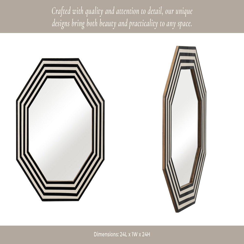 24x24 Resin Octagon Beauty Mirror | Black & White Lined Border | Modern