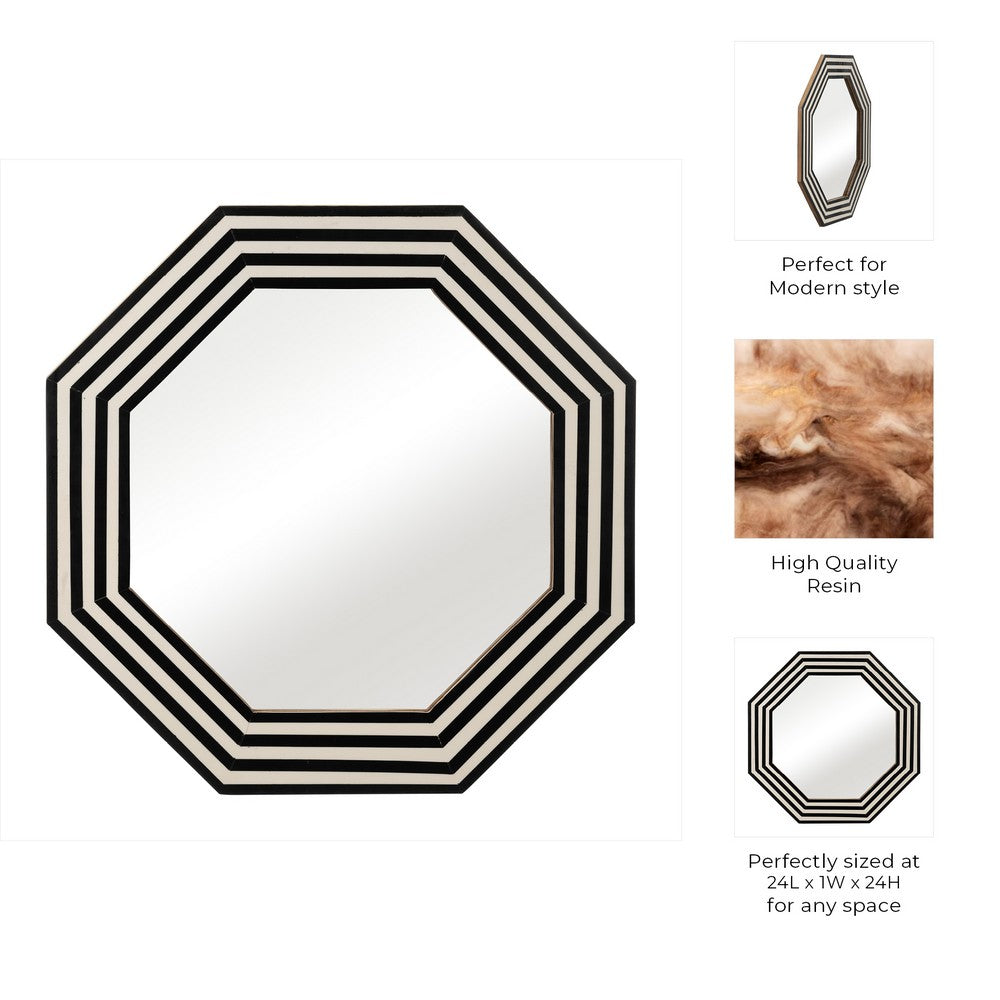 24x24 Resin Octagon Beauty Mirror | Black & White Lined Border | Modern