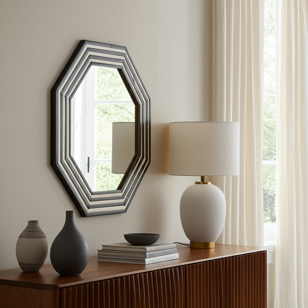 24x24 Resin Octagon Beauty Mirror | Black & White Lined Border | Modern