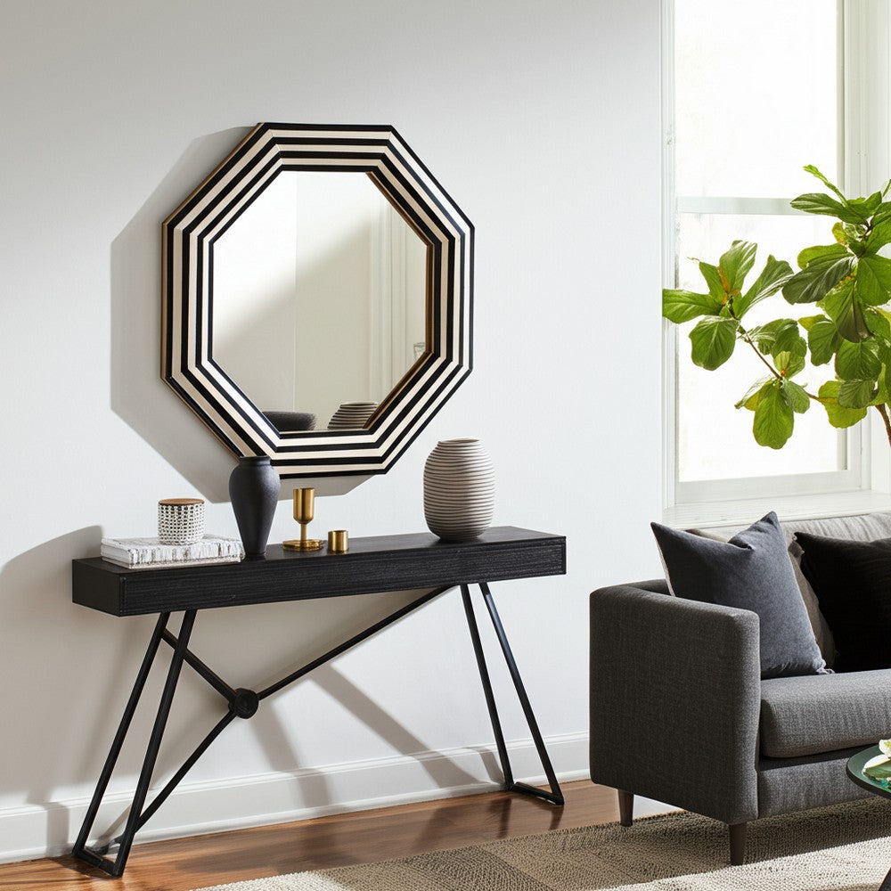 24x24 Resin Octagon Beauty Mirror | Black & White Lined Border | Modern
