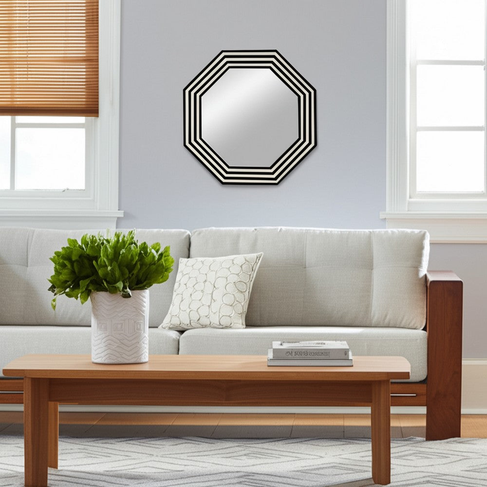 24x24 Resin Octagon Beauty Mirror | Black & White Lined Border | Modern