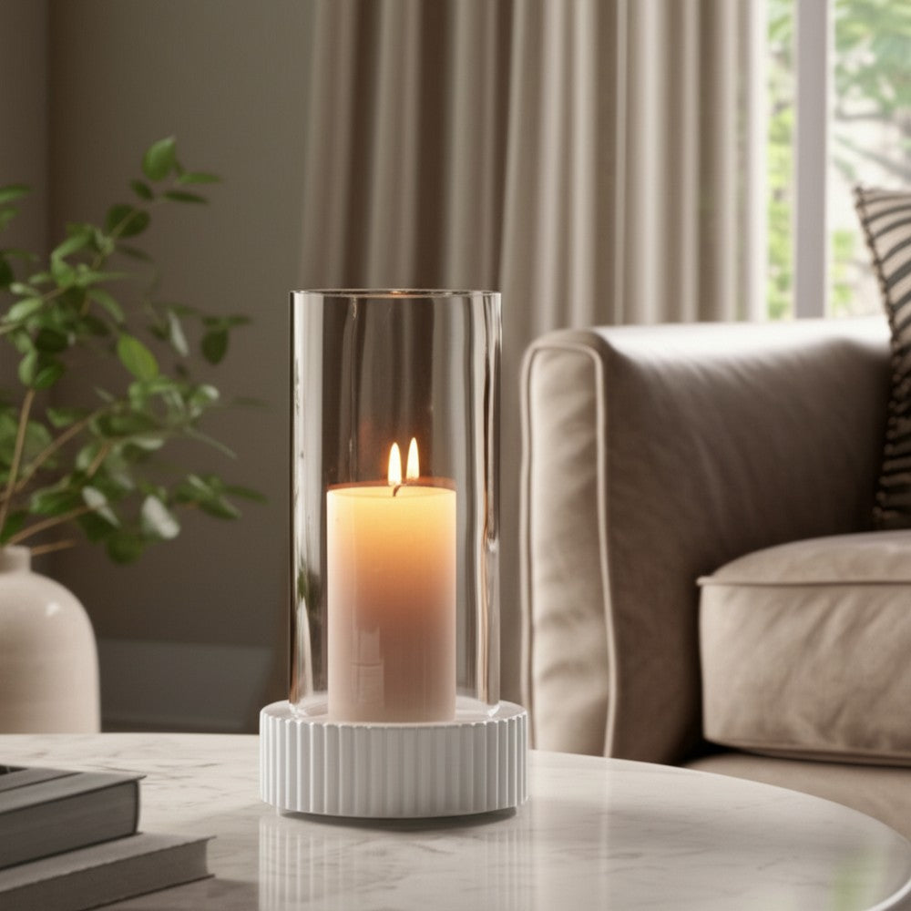 11" Candle Holder w Glass Hurricane Style | White Marble Base