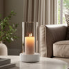 11" Candle Holder w Glass Hurricane Style | White Marble Base