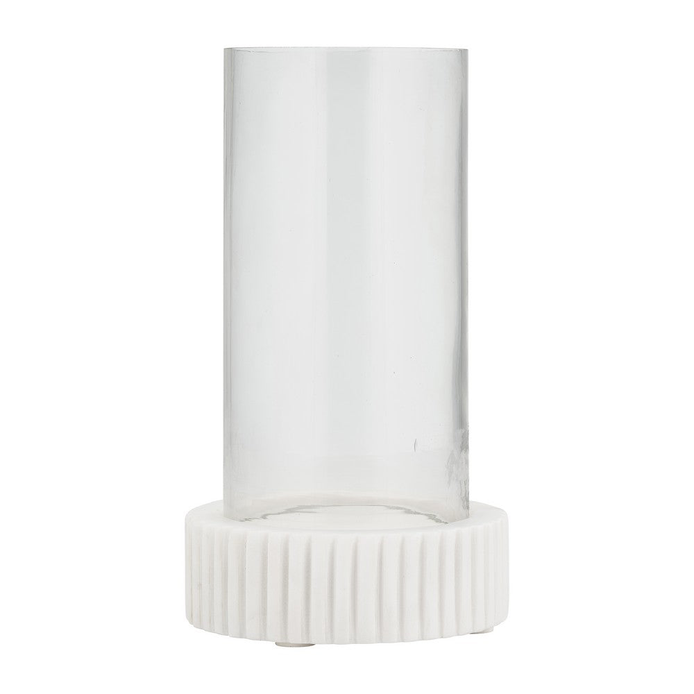 11" Candle Holder w Glass Hurricane Style | White Marble Base