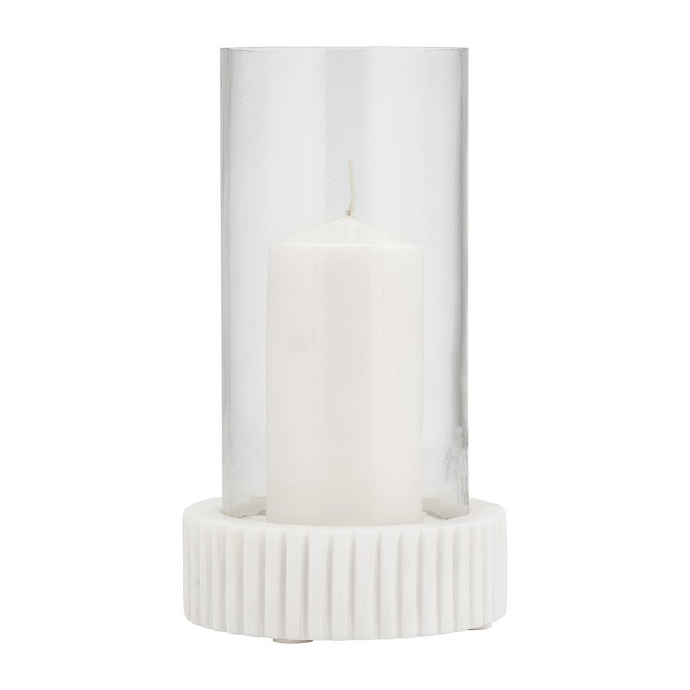 11" Candle Holder w Glass Hurricane Style | White Marble Base