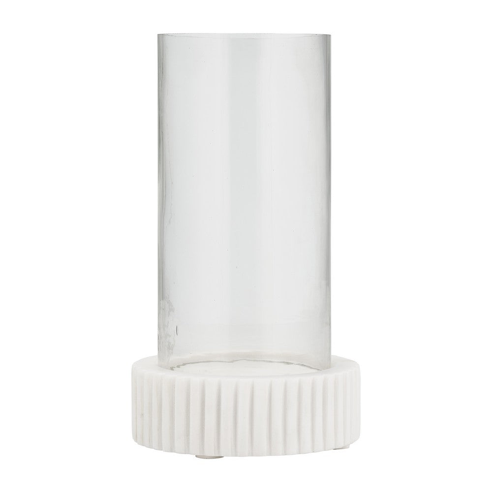 11" Candle Holder w Glass Hurricane Style | White Marble Base