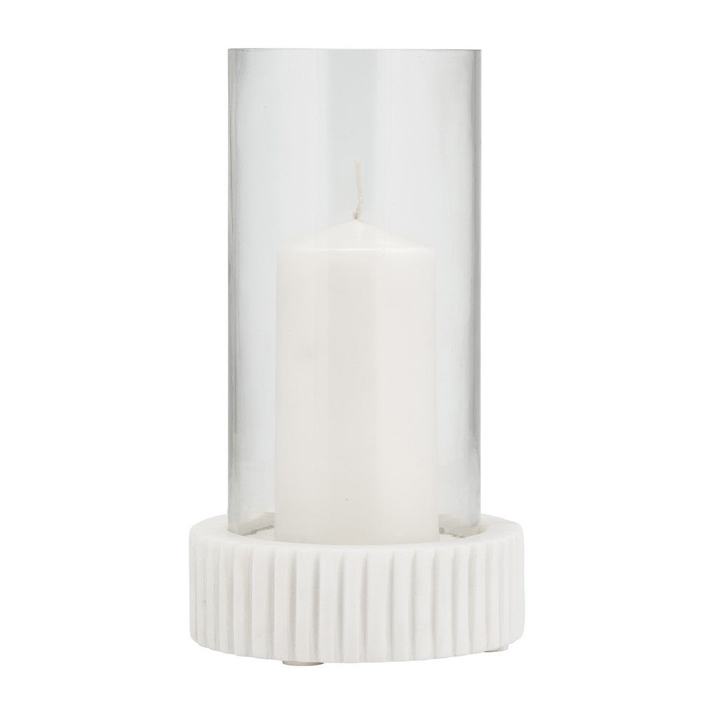 11" Candle Holder w Glass Hurricane Style | White Marble Base