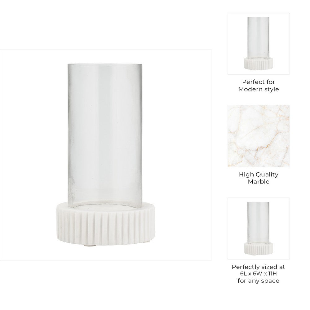 11" Candle Holder w Glass Hurricane Style | White Marble Base
