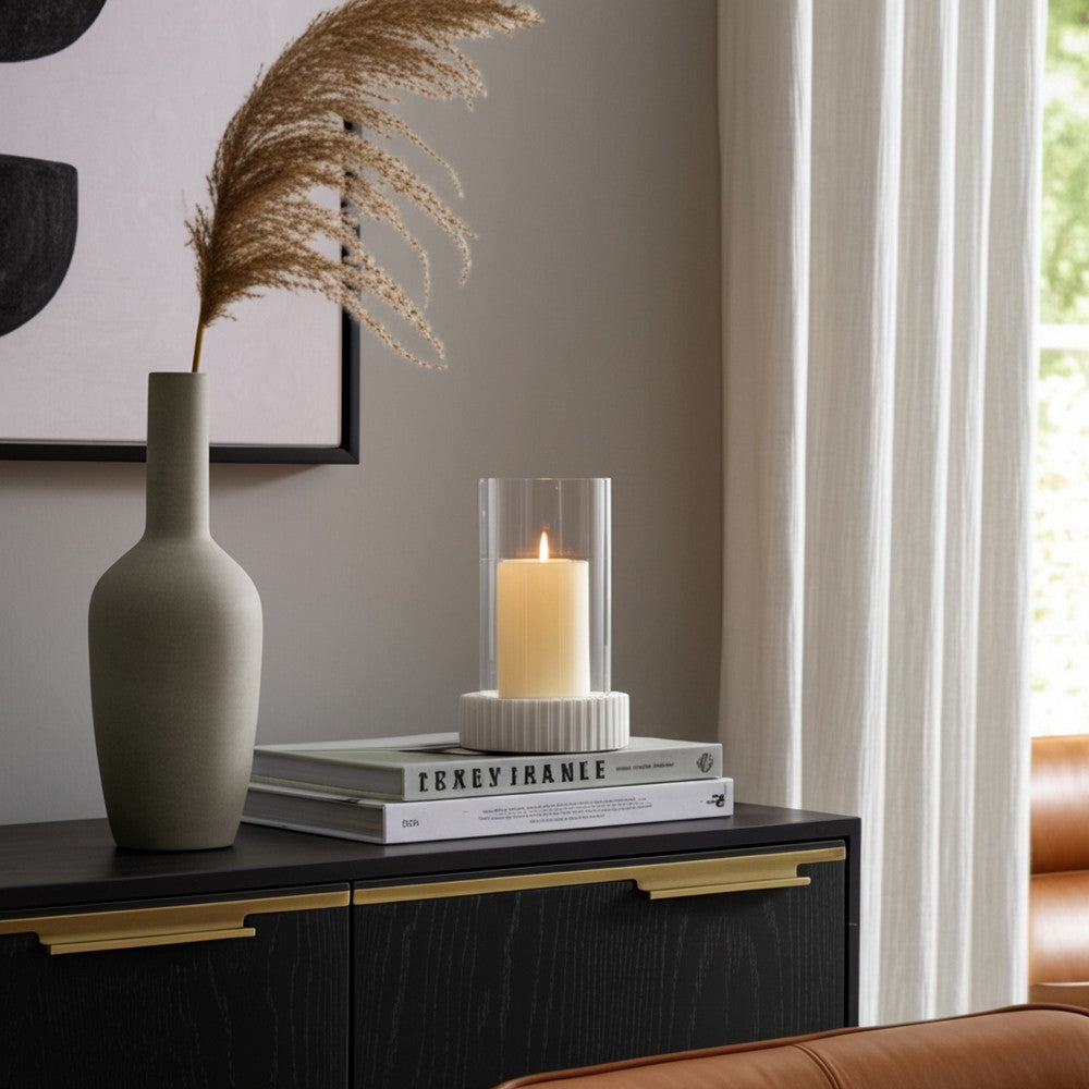 11" Candle Holder w Glass Hurricane Style | White Marble Base
