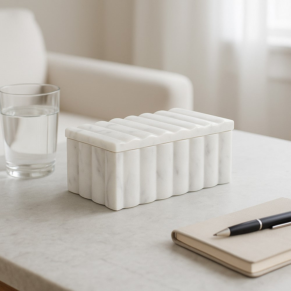Poppy Decorative Storage Box with Lid | Natural White Ridged Marble 7"