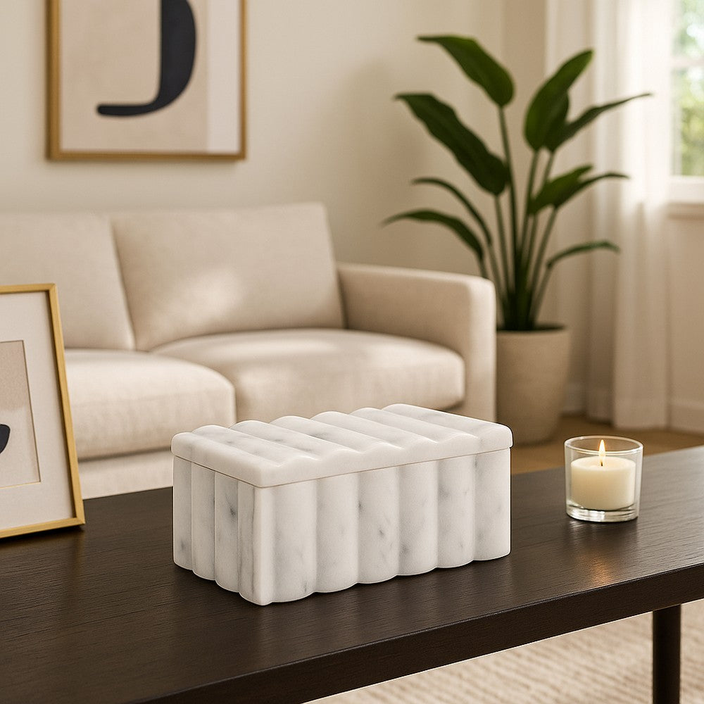 Poppy Decorative Storage Box with Lid | Natural White Ridged Marble 7"