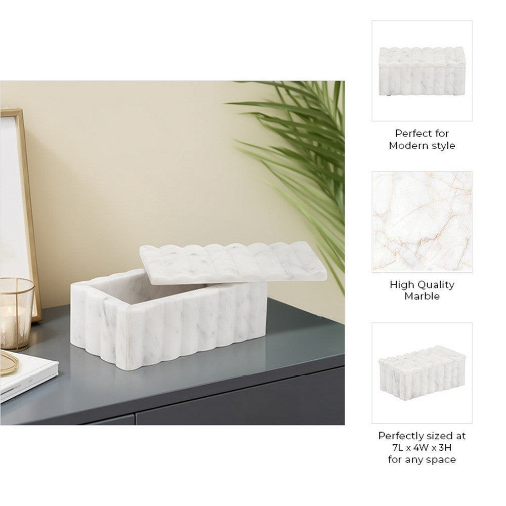 Poppy Decorative Storage Box with Lid | Natural White Ridged Marble 7"
