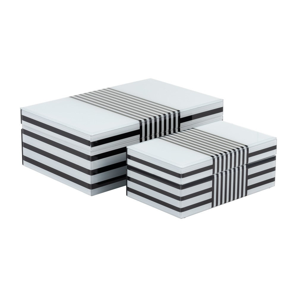 Contemporary Wood Storage Box Set of 2 | White & Black Stripes