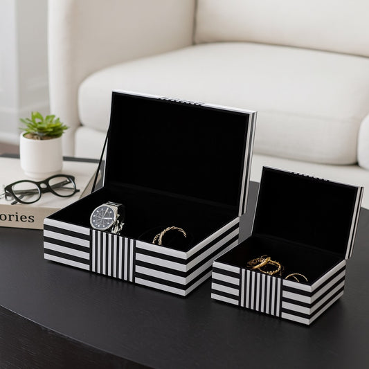 Contemporary Wood Storage Box Set of 2 | White & Black Stripes
