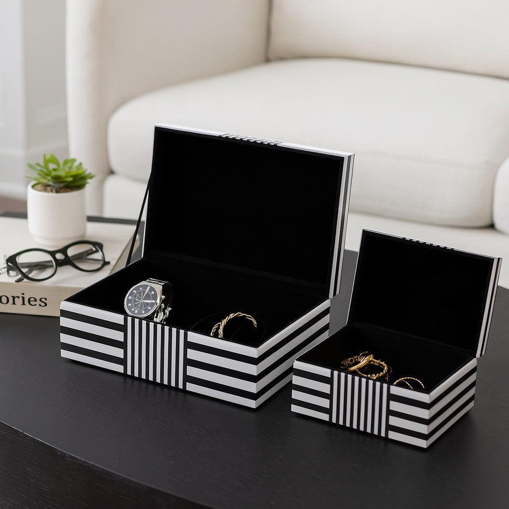 Contemporary Wood Storage Box Set of 2 | White & Black Stripes