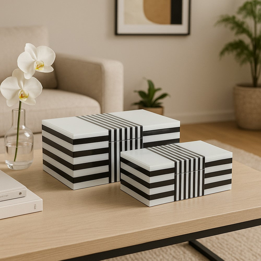 Contemporary Wood Storage Box Set of 2 | White & Black Stripes