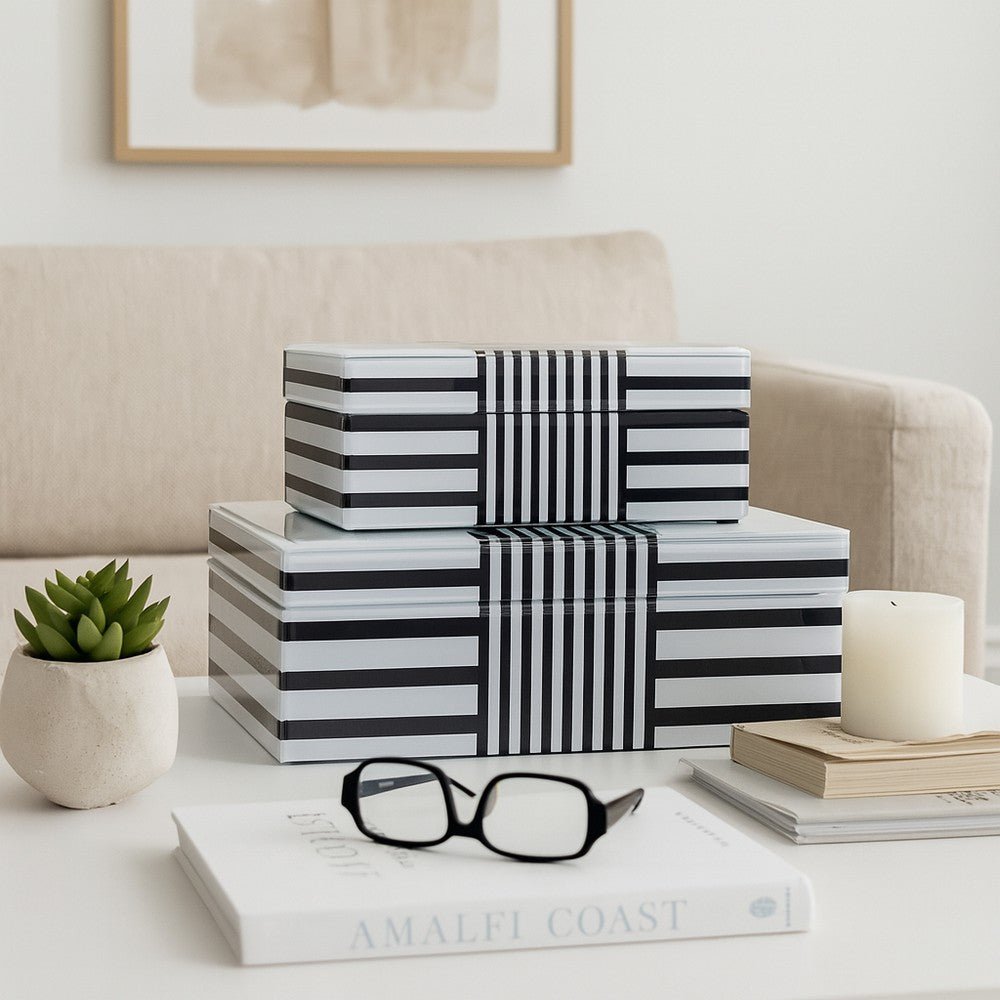 Contemporary Wood Storage Box Set of 2 | White & Black Stripes