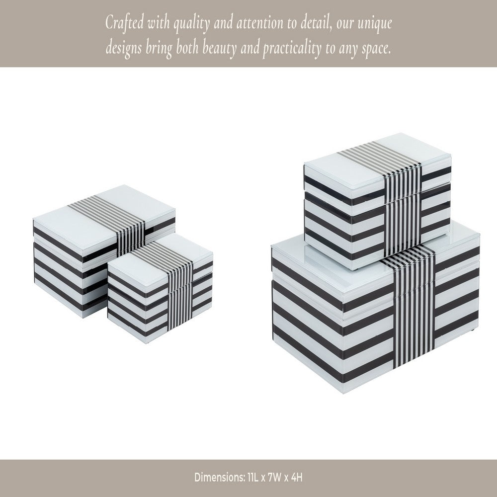 Contemporary Wood Storage Box Set of 2 | White & Black Stripes