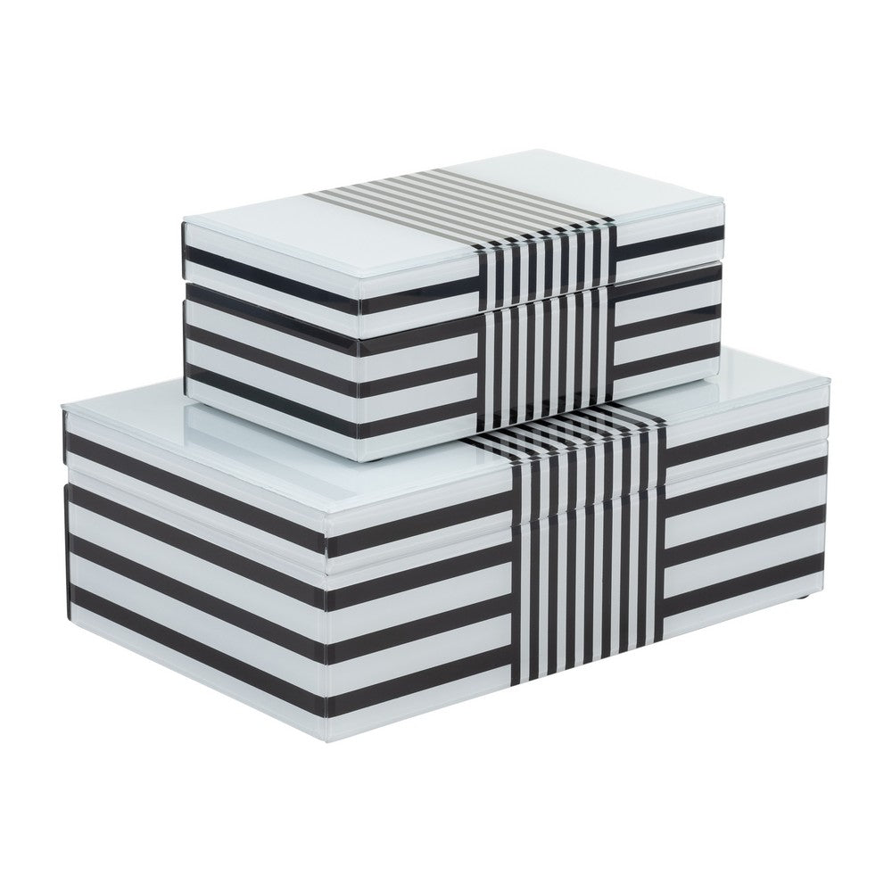 Contemporary Wood Storage Box Set of 2 | White & Black Stripes