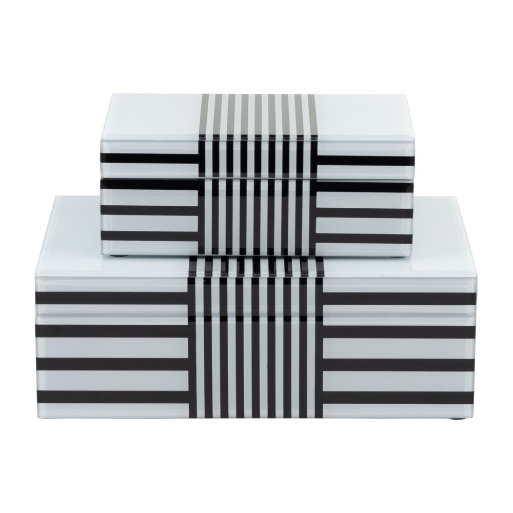 Contemporary Wood Storage Box Set of 2 | White & Black Stripes