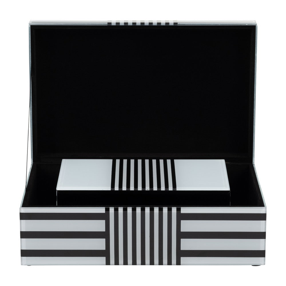 Contemporary Wood Storage Box Set of 2 | White & Black Stripes