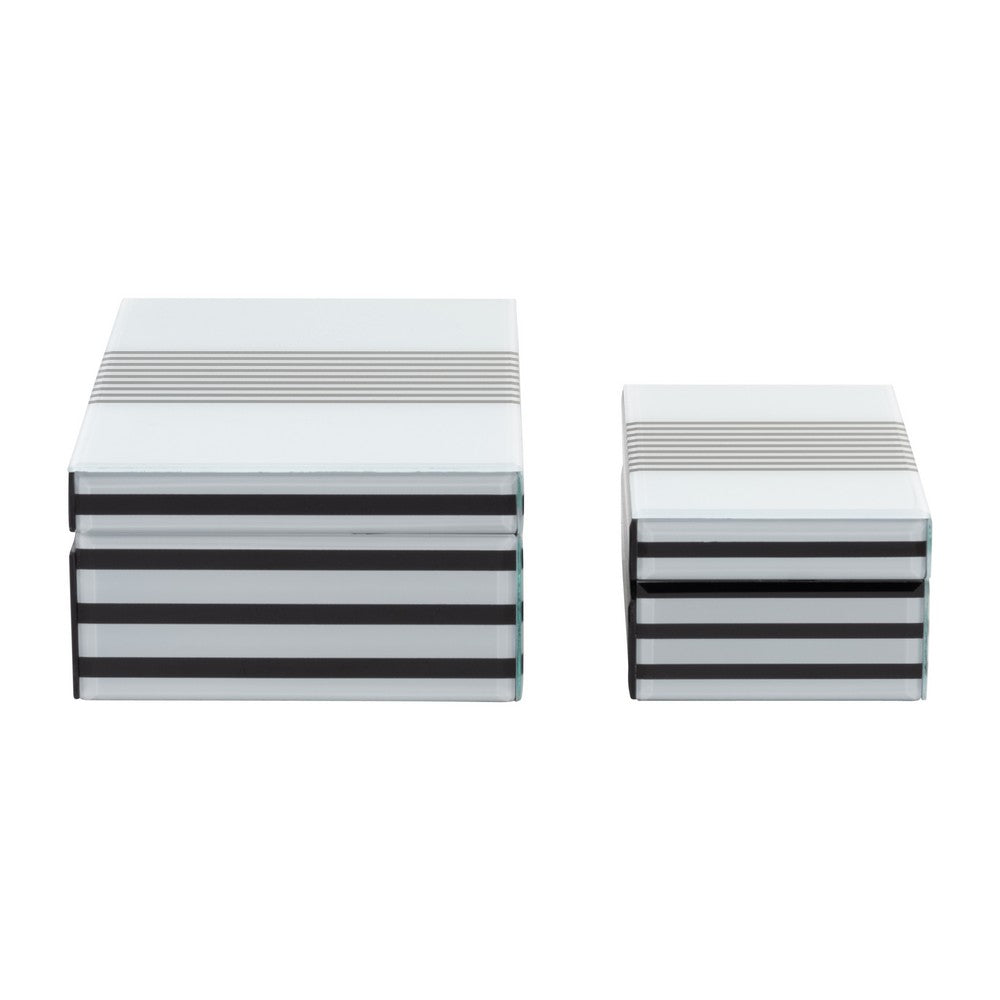 Contemporary Wood Storage Box Set of 2 | White & Black Stripes