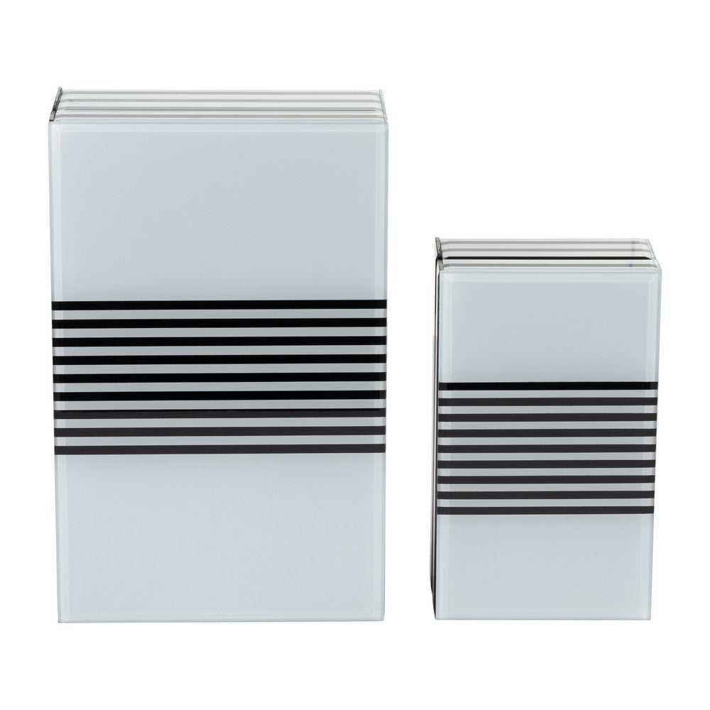 Contemporary Wood Storage Box Set of 2 | White & Black Stripes