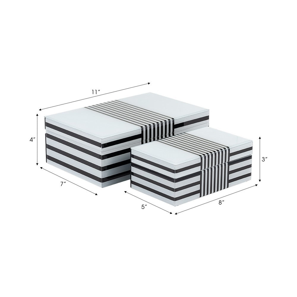 Contemporary Wood Storage Box Set of 2 | White & Black Stripes
