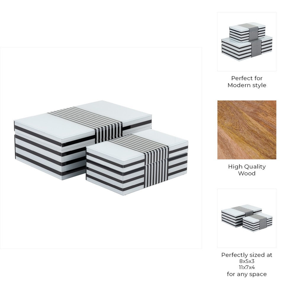 Contemporary Wood Storage Box Set of 2 | White & Black Stripes