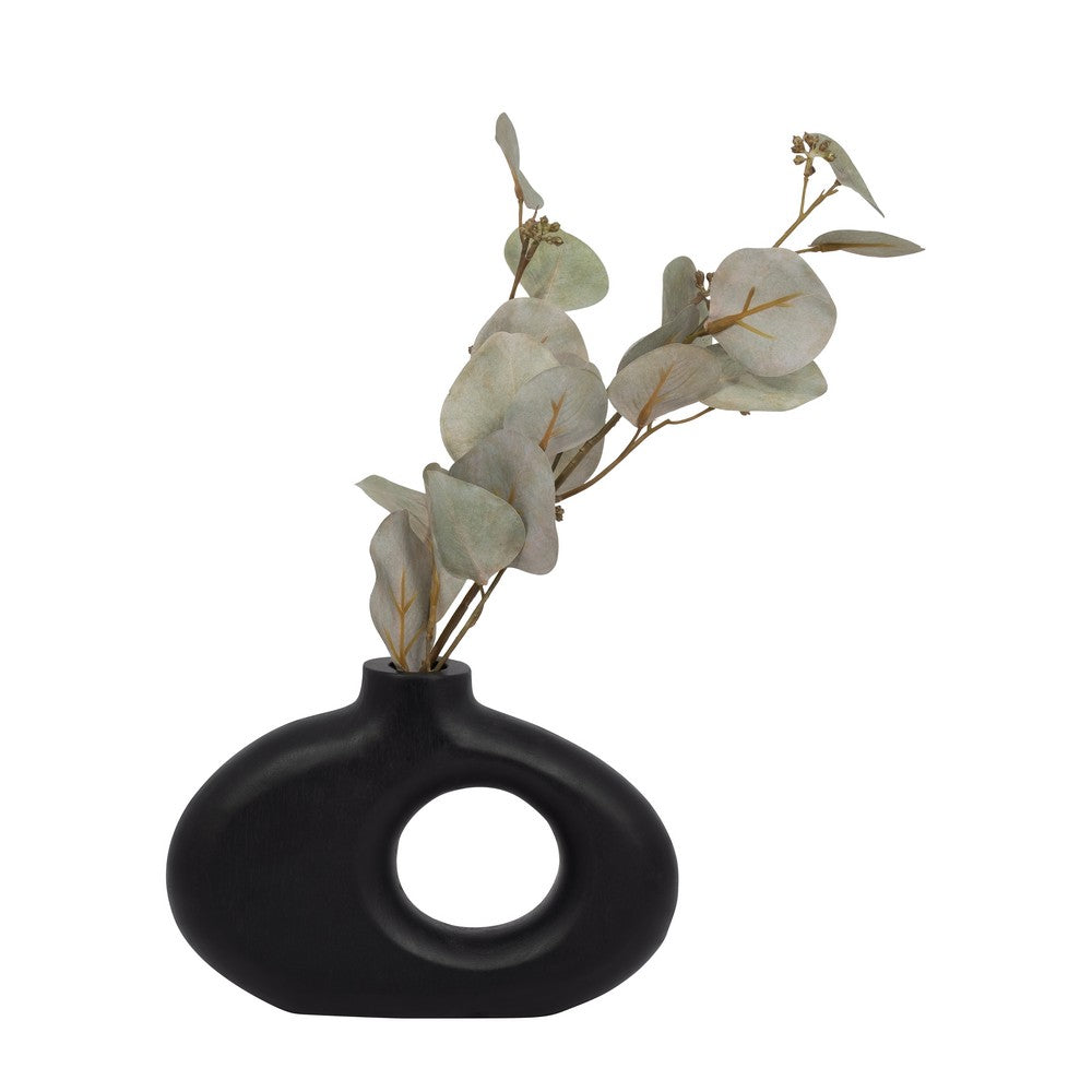 Antique Flower Vase Decor | Geometric Cutout | 10" Black Mango Wood