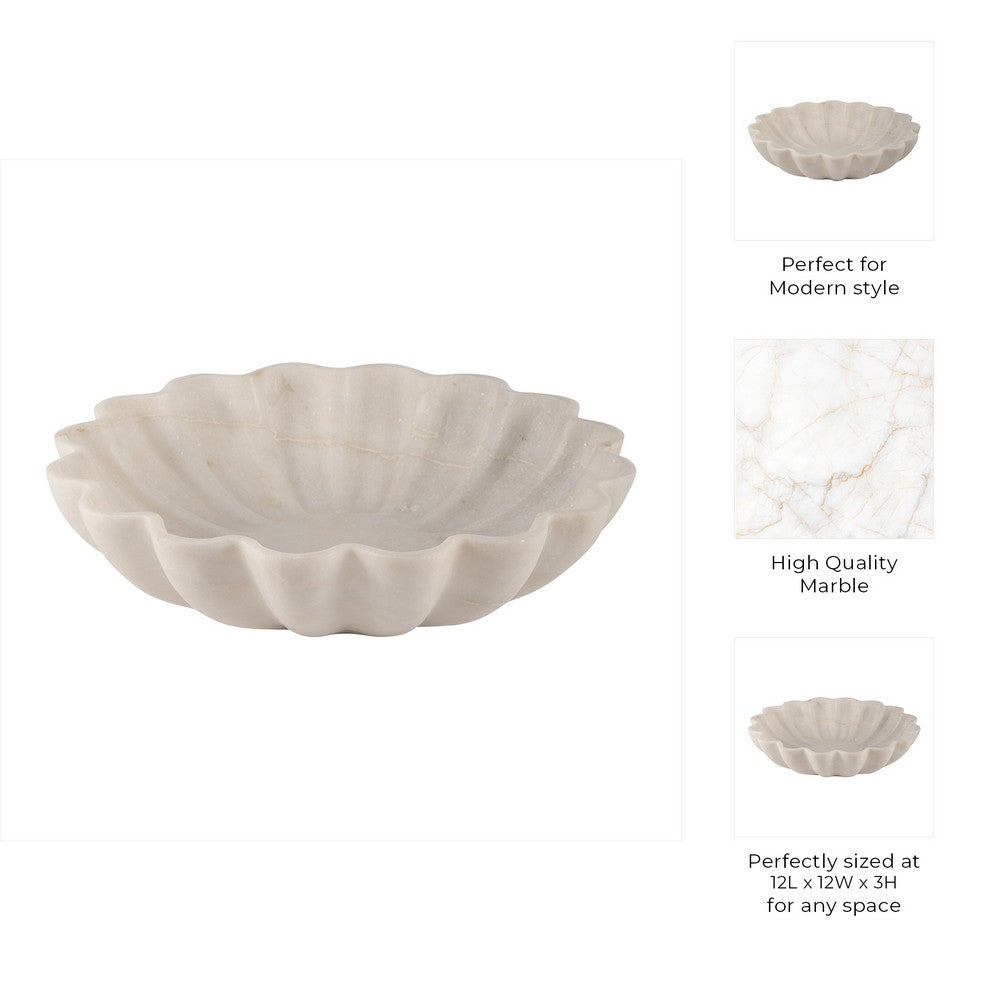 Mossy Decorative Bowl | Shell-Shaped Design | 12" White Textured Marble