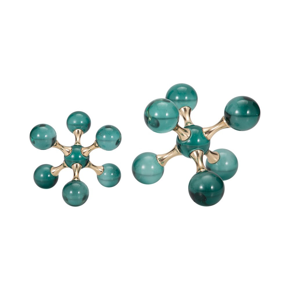 Jack Glam Bookends Set of 2 | Green Glass Balls w Gold Metal Accents