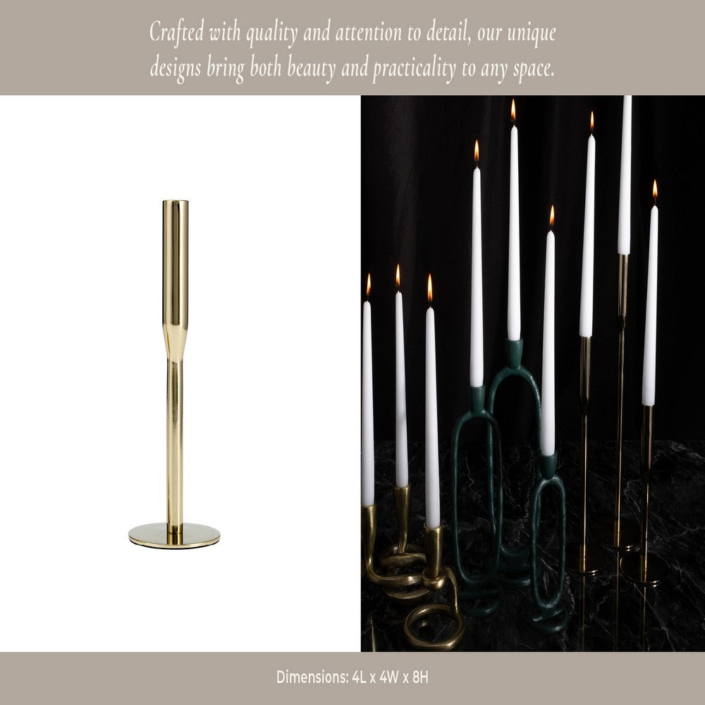 Modern Taper Candle Holder | 8" Tall | Round Flat Base Gold Iron