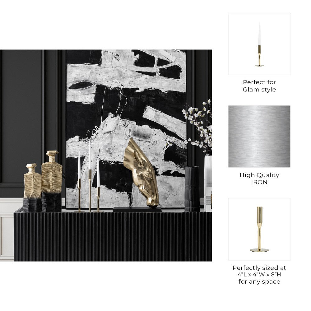 Modern Taper Candle Holder | 8" Tall | Round Flat Base Gold Iron