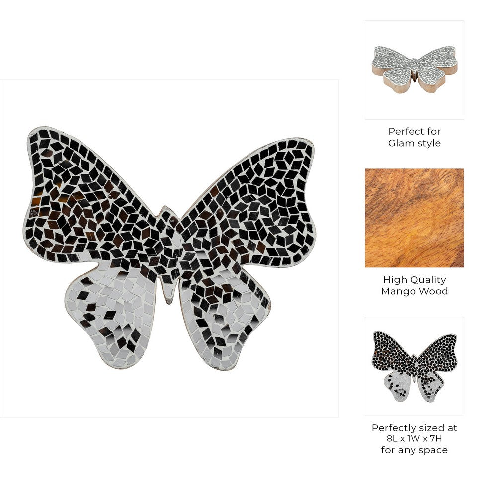 Decorative Butterfly Figurine | Cute 8" Black & White Mosaic Overlay