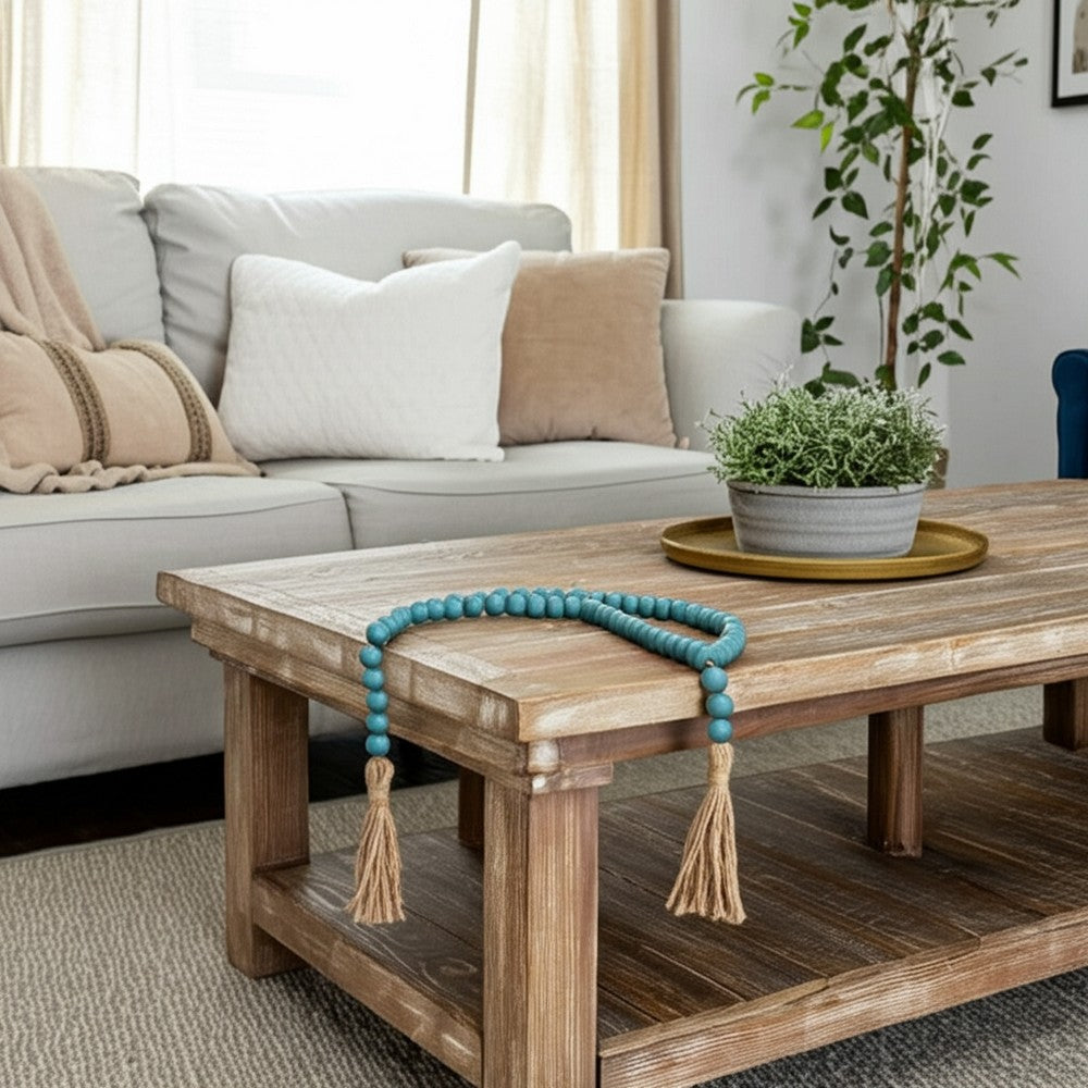 Decorative Beaded Garland | 84" | Turquoise Blue Wood w Jute Tassels