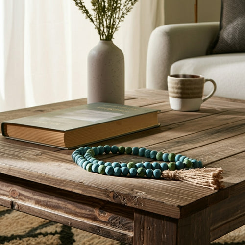 Decorative Beaded Garland | 84" | Turquoise Blue Wood w Jute Tassels