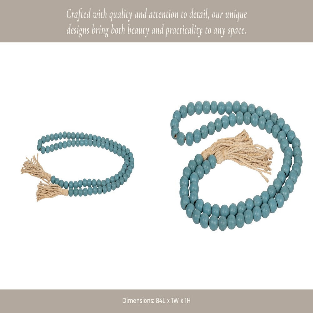 Decorative Beaded Garland | 84" | Turquoise Blue Wood w Jute Tassels