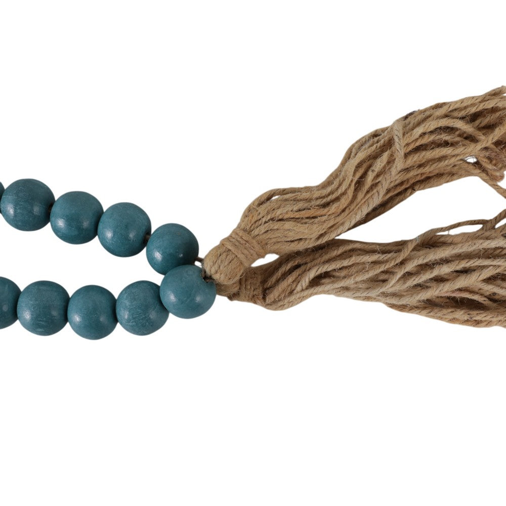 Decorative Beaded Garland | 84" | Turquoise Blue Wood w Jute Tassels