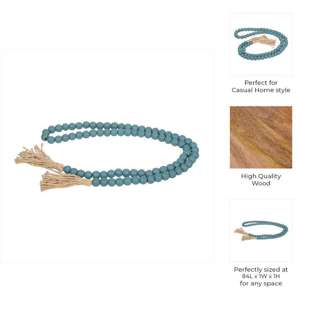Decorative Beaded Garland | 84" | Turquoise Blue Wood w Jute Tassels