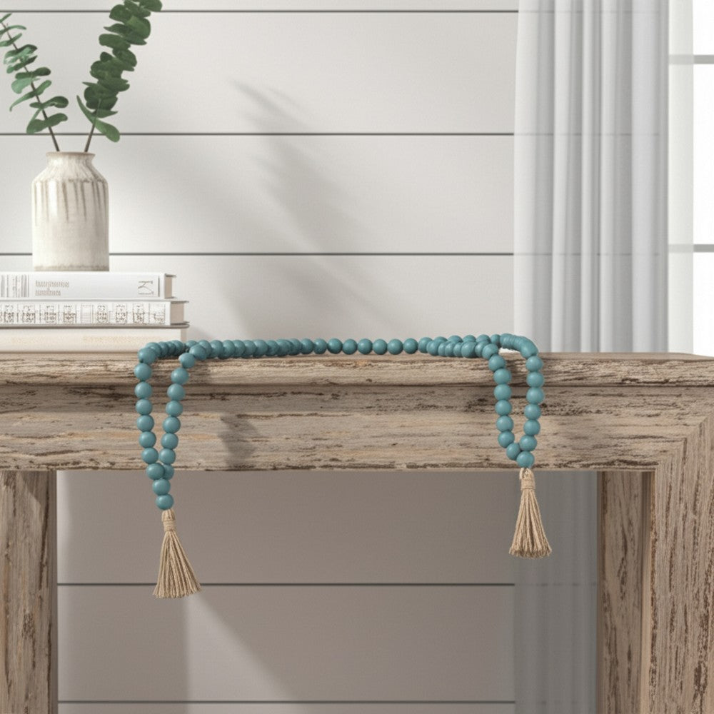 Decorative Beaded Garland | 84" | Turquoise Blue Wood w Jute Tassels