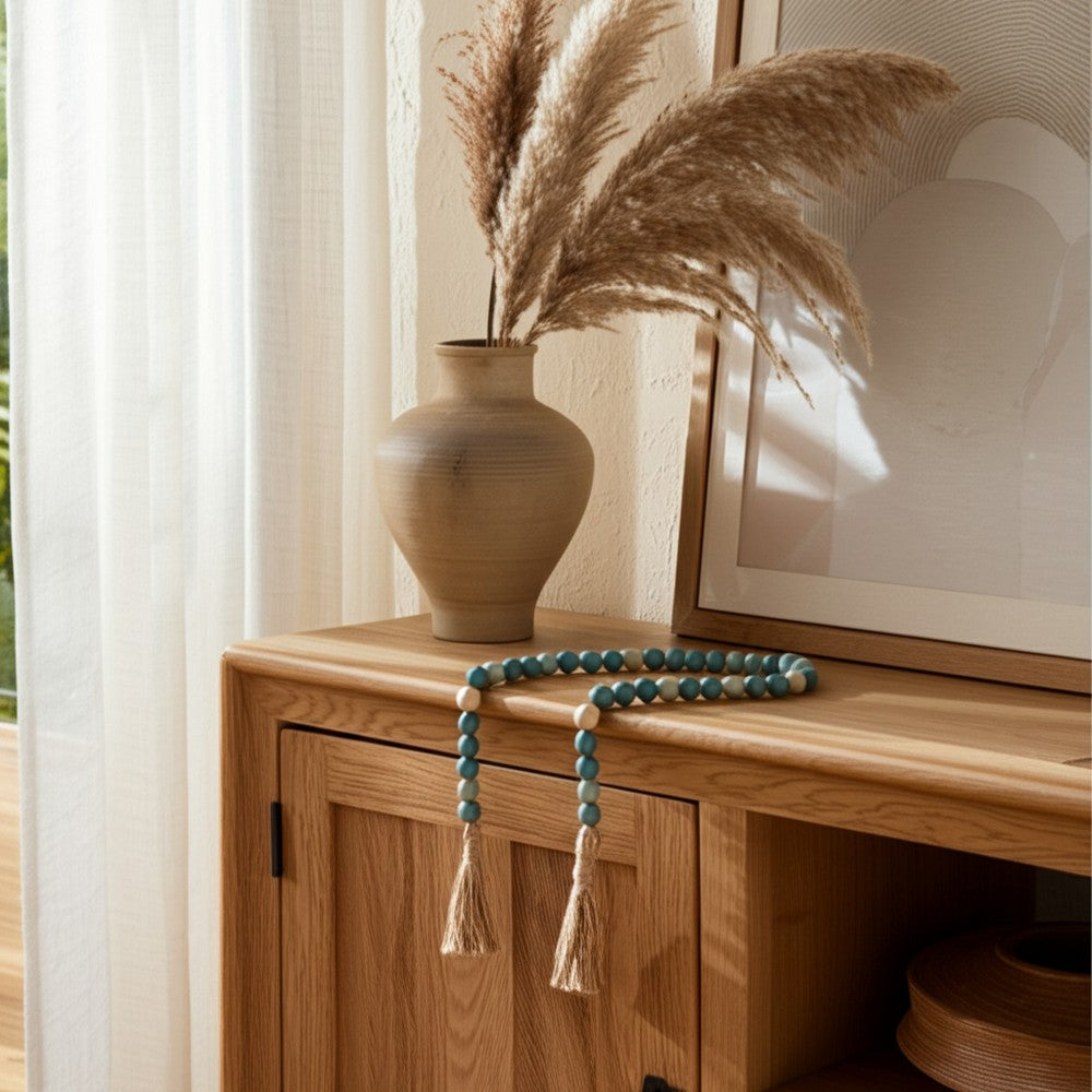 Decorative Beaded Garland | 84" | Turquoise Blue Wood w Jute Tassels
