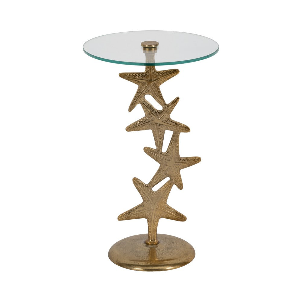 Coastal Starfish Accent Side End Table | 15" Round Glass Top | Gold
