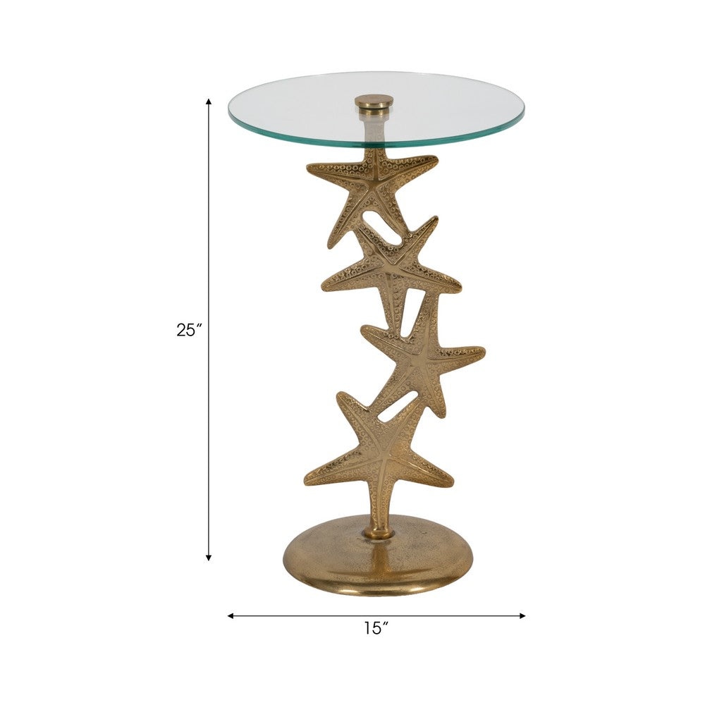 Coastal Starfish Accent Side End Table | 15" Round Glass Top | Gold