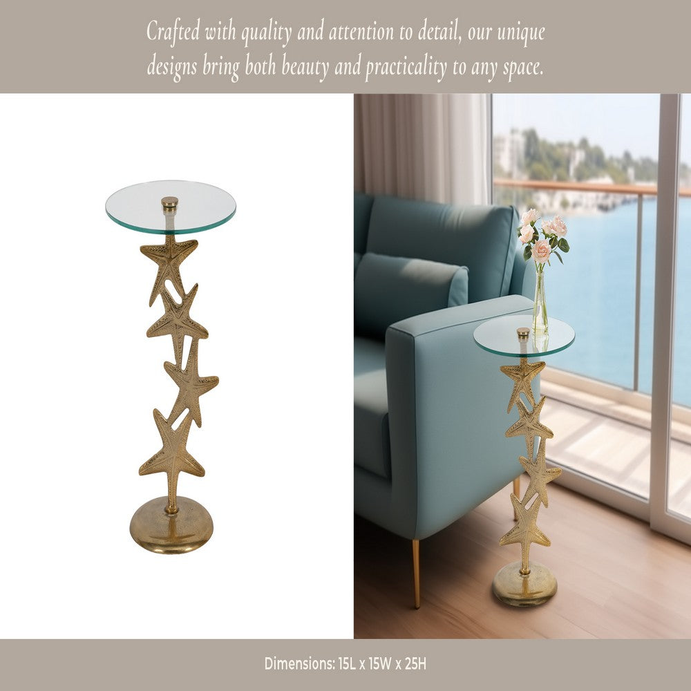 Coastal Starfish Accent Side End Table | 15" Round Glass Top | Gold